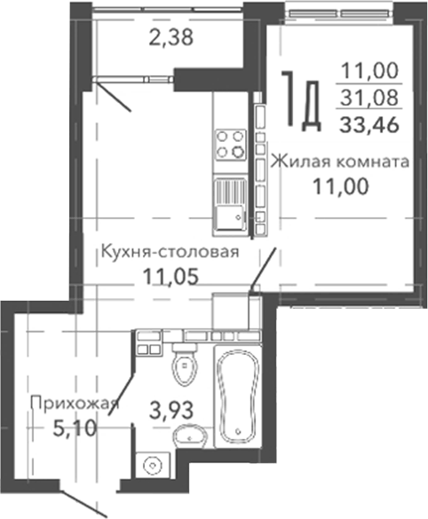 Планировка 1-к.кв, 33,46 м² в ЖК Шишкин. Жилая среда